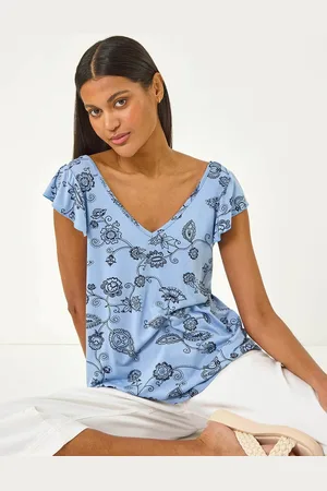 Roman Blue Floral Frill Shoulder Vest Top AU 18