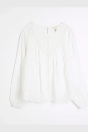 River Island White Long Sleeve Lace Trim Embroidered 100% Cotton Top AU 8