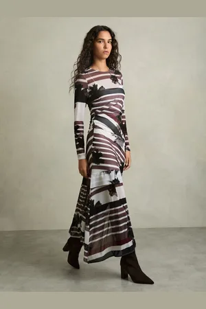 Reiss Chiara Stretch-Mesh Stripe-Print Ruched Dress AU 14