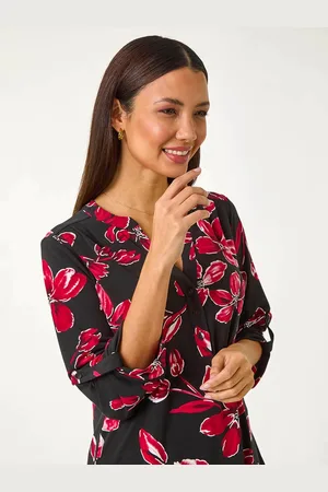 Roman Red Textured Floral Print V-Neck Stretch Blouses AU 12