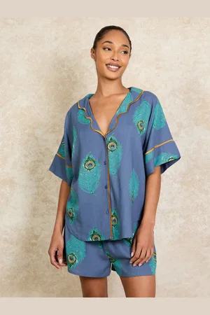 Their Nibs Navy Peacock Linen Blend Short Pyjama Set M