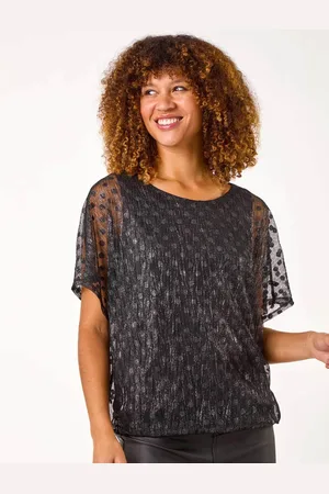 Roman Black Dobby Print Plisse Bubble Hem Top AU 18
