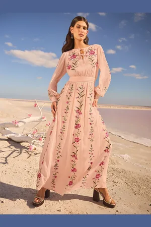 Love & Roses V & A I Embroidered Tie Detail Long Sleeve Maxi Dress AU 16