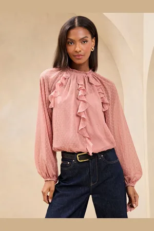 Lipsy London Pink Ruffle Trim Dobby Fabric Blouse AU 16