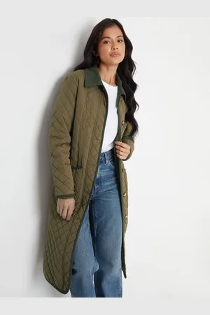 Threadbare Green Button Up Collared Diamond Quilted Maxi Coat AU 16