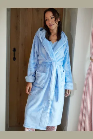 Threadbare Blue Faux Fur Trim Dressing Gown S