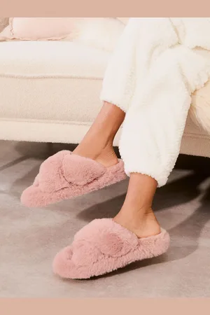Lipsy London Pink Cross Strap Super Soft Faux Fur Nightwear Slippers M