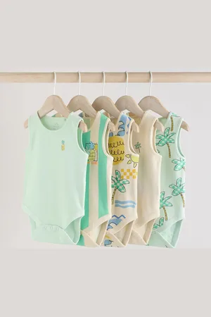 Next Green Stripe/ Pineapple Print Vest Baby Bodysuits 5 Pack 7480cm