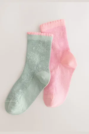 Next Pink/Green Cotton Rich Lace Patterned Ankle Socks 2 Pack 9-12 Jnr