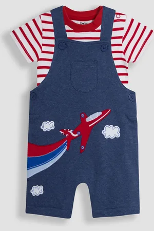 JoJo Maman Bébé Marl Blue Tractor 2-Piece Red Arrows Dungarees & T-Shirt Set 12