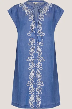 Monsoon Isolde Embroidered Chambray Mini Dress L