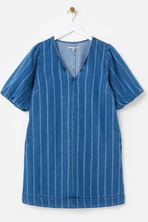 Oliver Bonas Mini Denim Striped V-Neck Short Sleeve 100% Cotton Dress AU 8