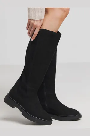 Simply Be Black Extra Wide Fit Black Stretch Back Panel Flat Knee High Boots In Wide Fit