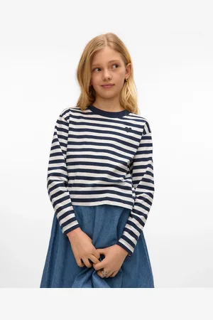 VERO MODA Blue Girls Long Sleeve Cropped Stripe Jersey T-Shirt 9