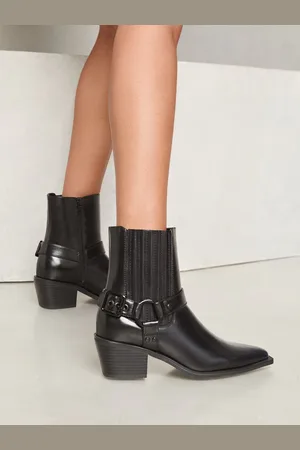 Lipsy London Black Mid Heel Moto Biker Western Faux Leather Ankle Boots AU 10 (EU 41)