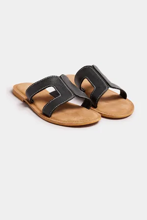 Long Tall Sally Black Tan Leather Cut Out Mule Sandals In Standard Fit AU 13 (EU 44)