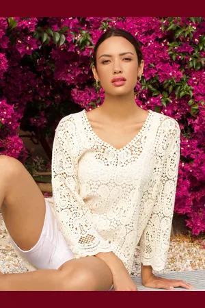 Roman Cream Crochet V-Neck 3/4 Sleeve 100% Cotton Tunic Top AU 16