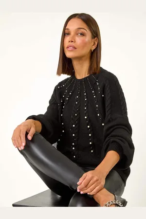 Roman Black Graduated Faux Pearl Cable Knit Jumper AU 10