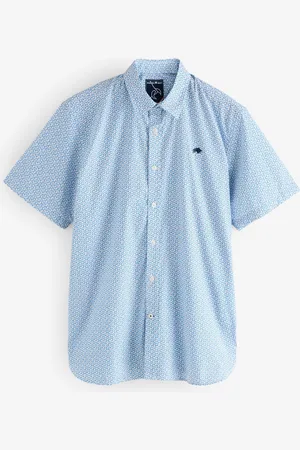 Raging Bull Short Sleeve Pentagon Pattern 100% Cotton Poplin White Shirt M