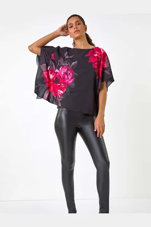 Roman Red Floral Print Chiffon Overlay Top AU 20