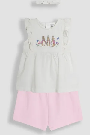 JoJo Maman Bébé Pink Embroidered Flopsy Bunny Frill Broderie 100% Cotton Romper 1.5