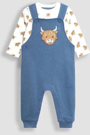JoJo Maman Bébé Blue Highland Cow Appliqué Dungarees & Print Top Set 6