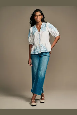 Laura Ashley White/Blue Embroidered Tie Front Bow Detail Blouse AU 8