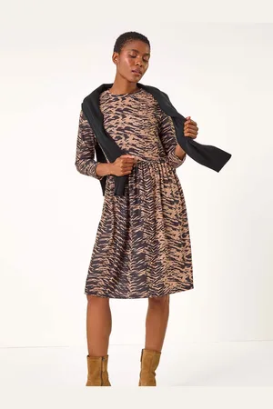 Roman Animal Print Ribbed Gathered Waist Dress AU 10