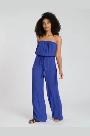 South Beach Blue Crinkle Viscose Sheer Strapless Jumpsuit AU 8