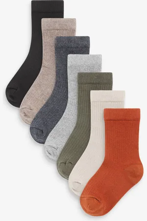 Next Khaki Green/Grey Cotton Rich Fine Rib Socks 7 Pack 3-5.5 Jnr