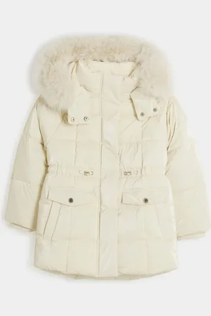River Island Cream Girls Glam Faux Fur Hooded High Shine Coat 9