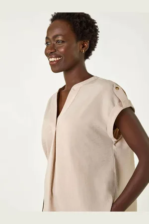 Roman Natural Pleated Notch Neck Top AU 16