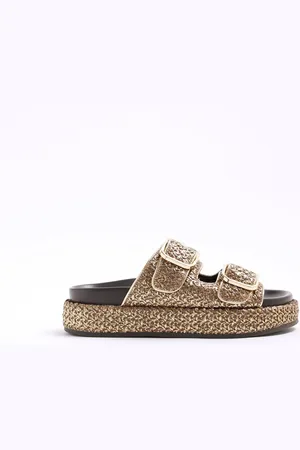 River Island Gold Raffia Flatform Double Strap Sandals AU 10 (EU 41)