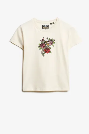 Superdry Rice White Small 100% Cotton Tattoo Rhinestone Fitted T-Shirt AU 10