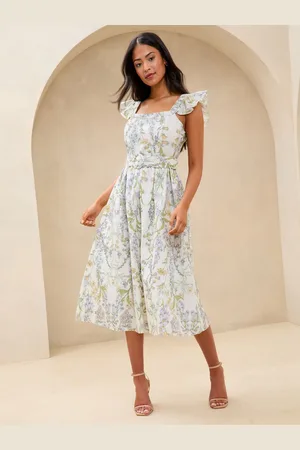 Lipsy London Linen Look Frill Sleeve Belted Prom Fit And Flare Midi Dress AU 12