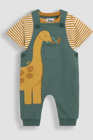 JoJo Maman Bébé Khaki Diplodocus 2-Piece Appliqué Dungarees & T-Shirt Set Upto 3 Months (50