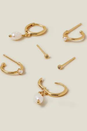 Accessorize Cream 14ct Gold Plated Pearl and Stud Hoop Earrings 3 Pack One