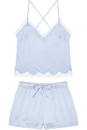 Chelsea Peers Blue Satin Lace Trim Cami Short Pyjama Set AU 18