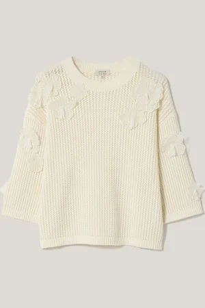 Jigsaw Cream 100% Cotton Floral Applique Knit Top S