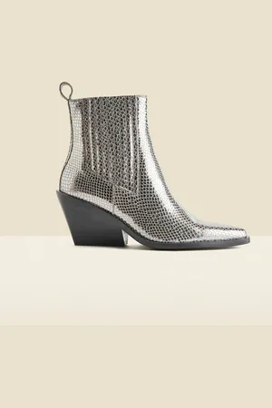 Sosandar Silver Leather Western Stack Heel Boots AU 10 (EU 41)