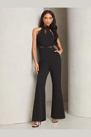 Lipsy London Black Lace Insert Halter Tailored Jumpsuit AU 16