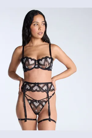 Boux Avenue Amore Embroidered Heart Leg Harness Black & White Suspenders UK 8