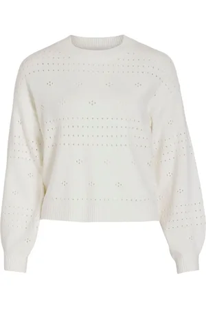 VILA White Long Sleeved Crochet Detail Knit Jumper