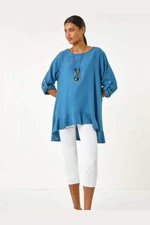 Roman Blue Necklace Frill Hem Tunic Top L