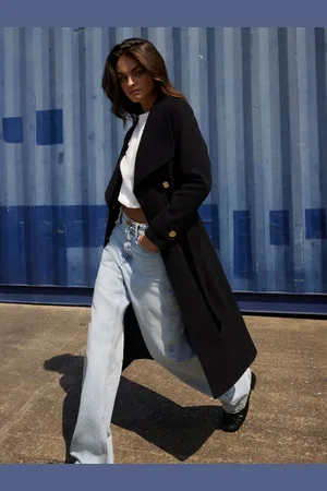 River Island Black Faux Wool Belted Wrap Coat AU 16