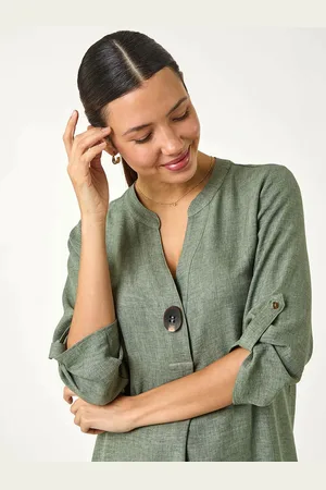 Roman Green Longline V-Neck Button Tunic Top AU 16