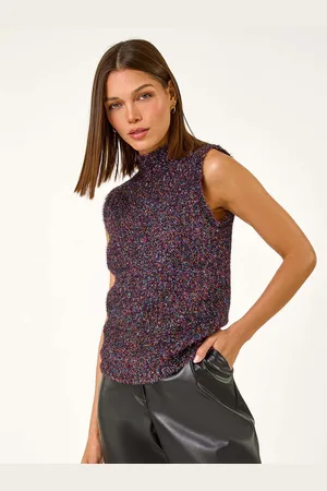 Roman Black Fluffy Tinsel Knit Sleeveless Top AU 18