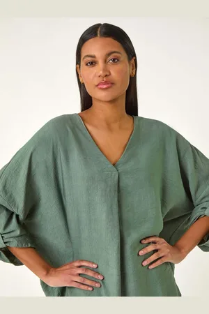 Roman Green Pleated V-Neck Stretch Tunic Top medium