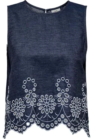 JDY Blue Sleeveless Embroidery Scallop Detail Denim Blouses