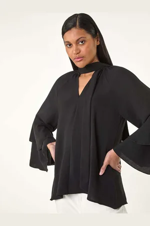 Roman Black Frilled Sleeve Tie Front Blouse AU 10